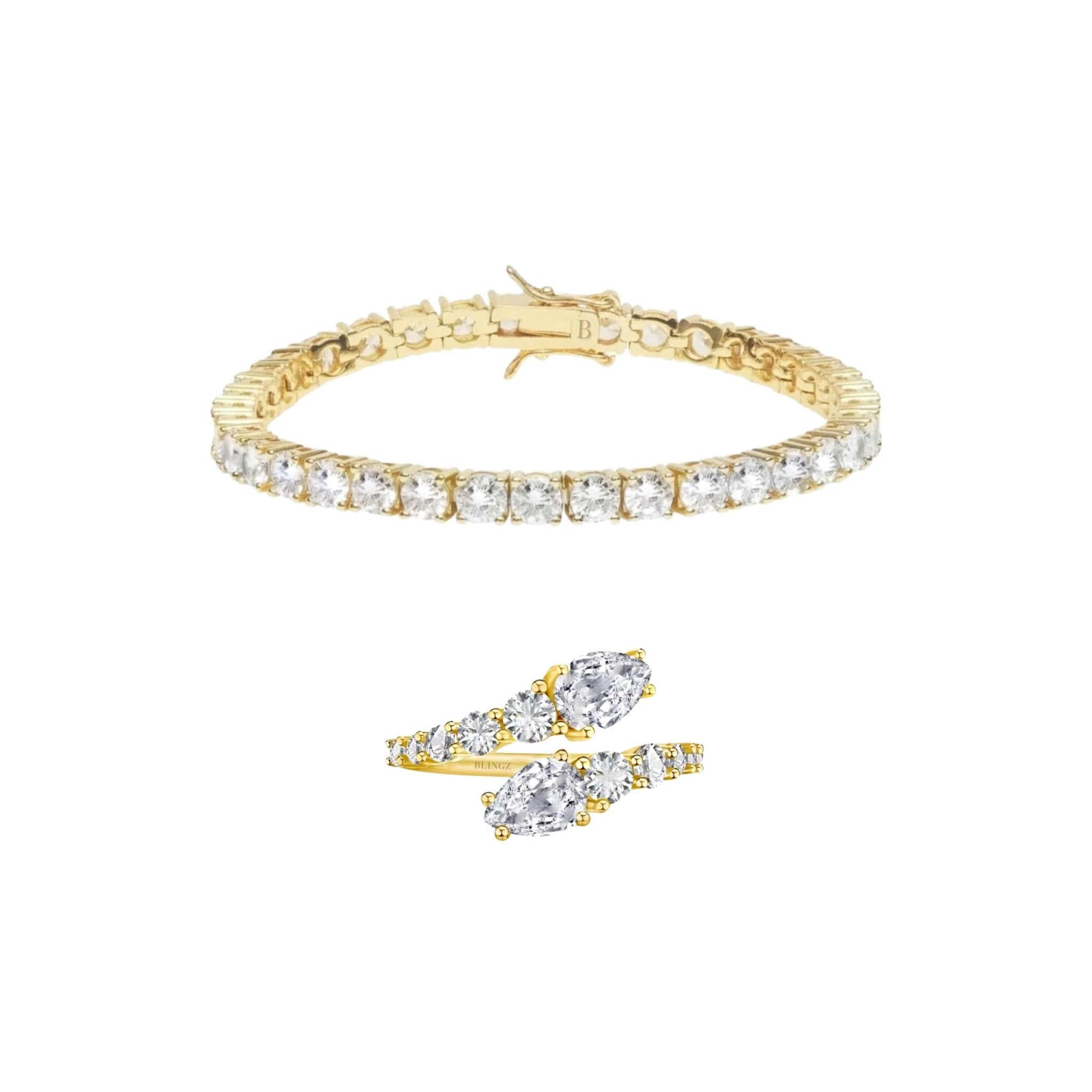 TATIANA TENNIS BRACELET & DAPHNE RING SET - GOLD - BLINGZ